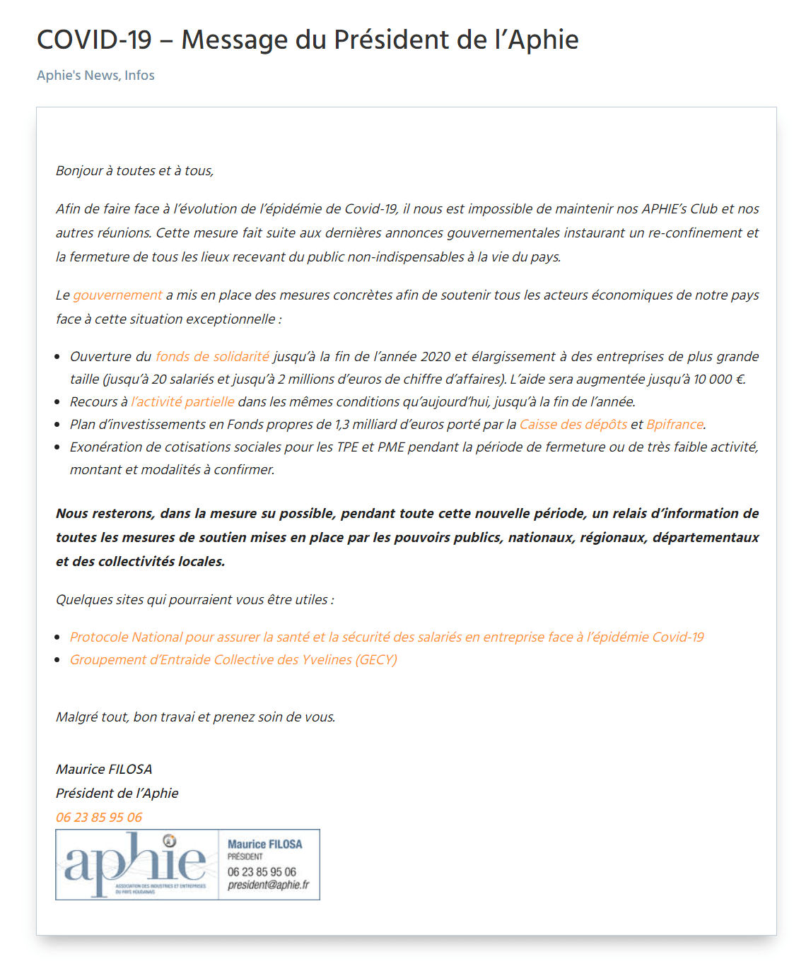 COVID-19 – Message du Président de l’Aphie