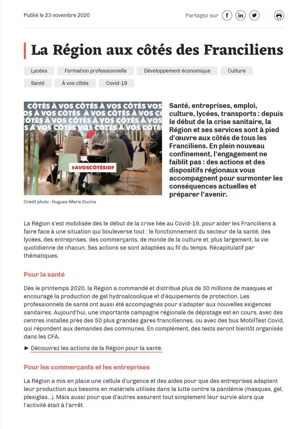 Les aides et services de la Région Île-de-France pour surmonter la crise