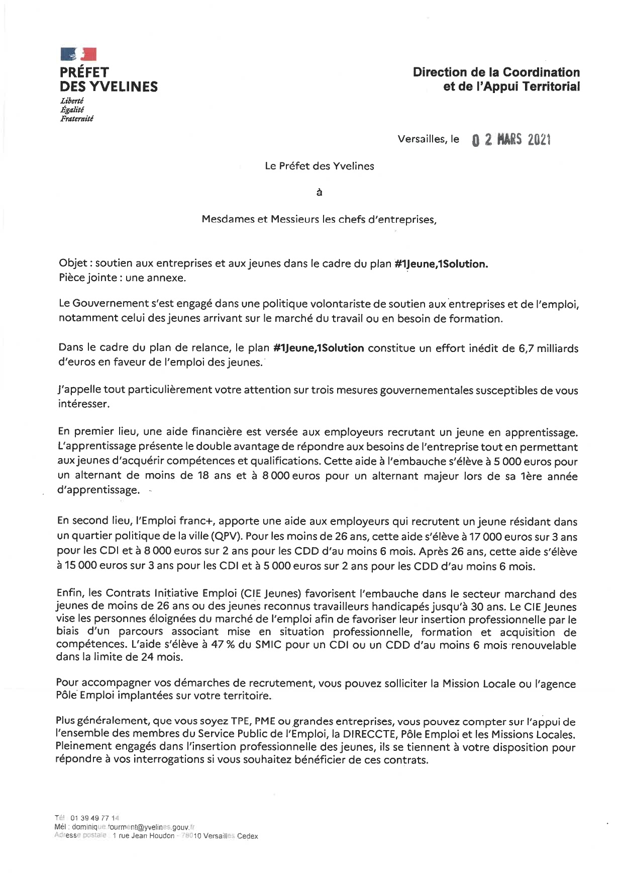 Courrier de M le Préfet des Yvelines aux entreprises #1jeune, 1 solution.
