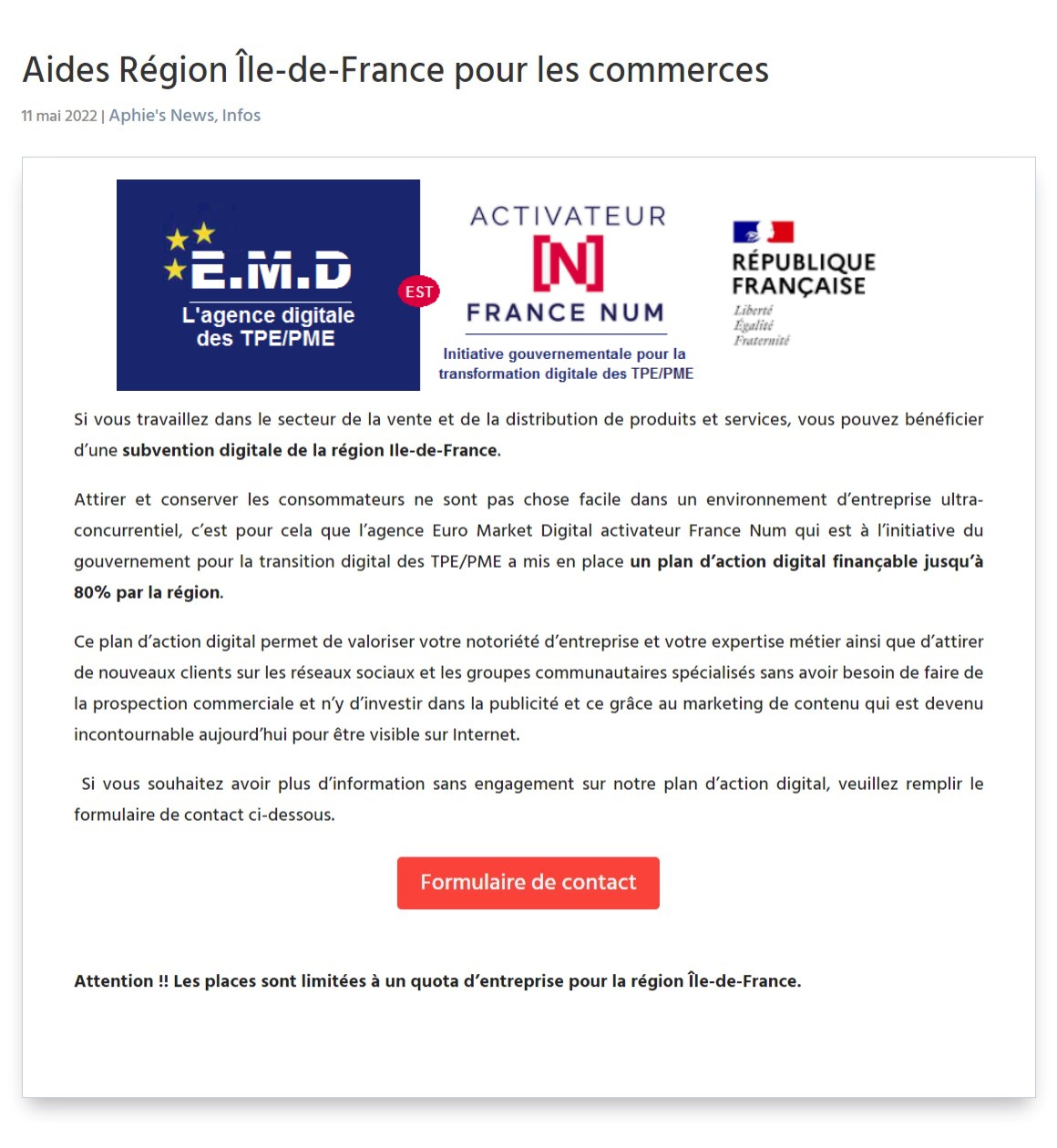 Aides Région Île-de-France pour les commerces
