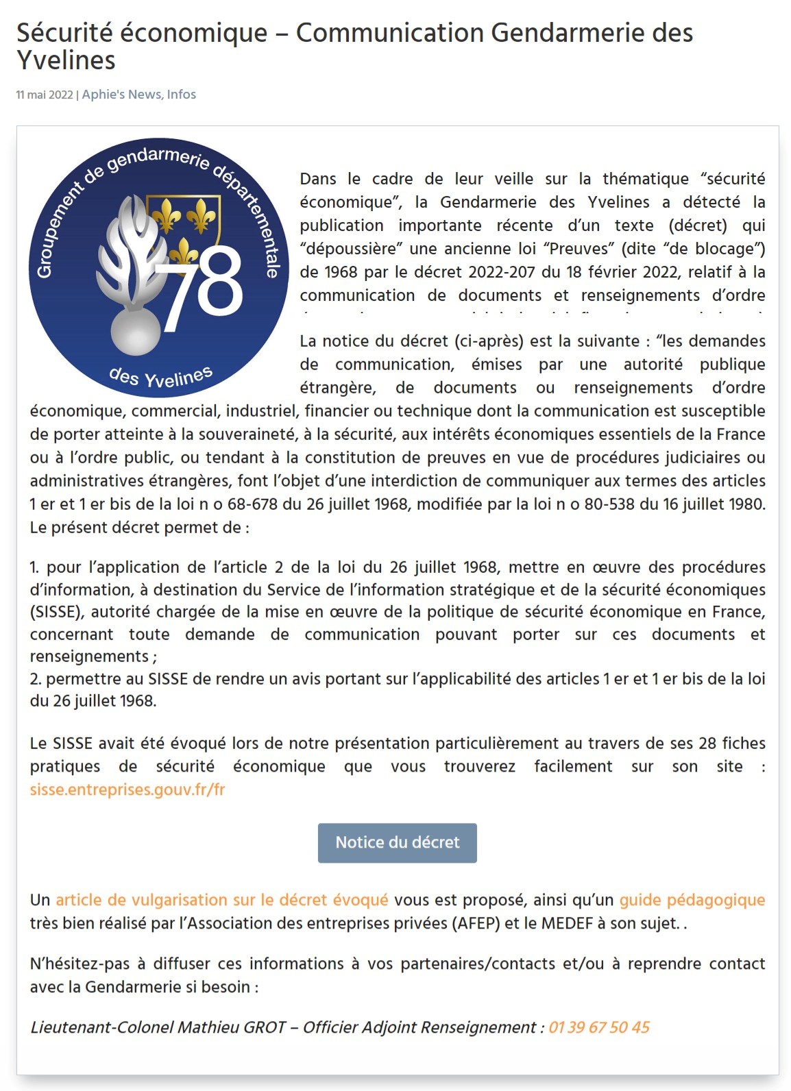 Sécurité économique – Communication Gendarmerie des Yvelines