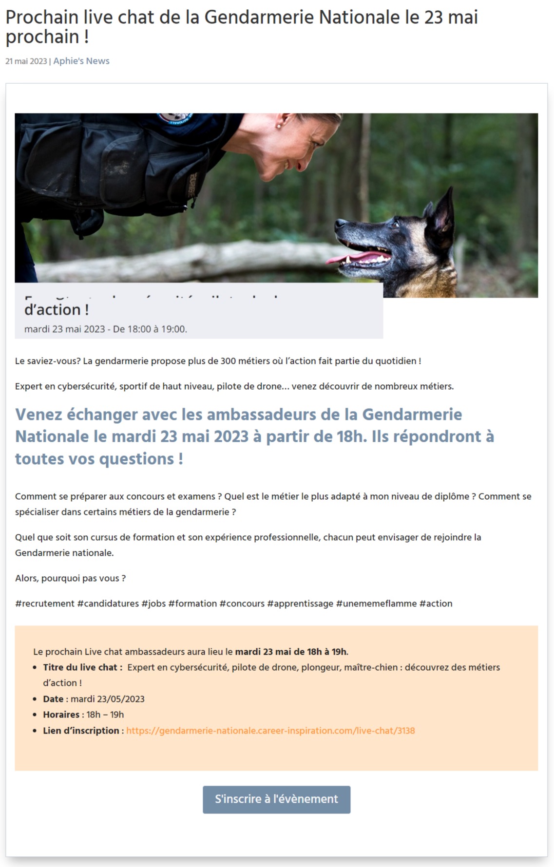 Prochain live chat de la Gendarmerie Nationale le 23 mai prochain !